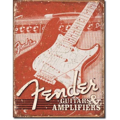 Enseigne Fender en métal  / Weathered Guitar & Amp